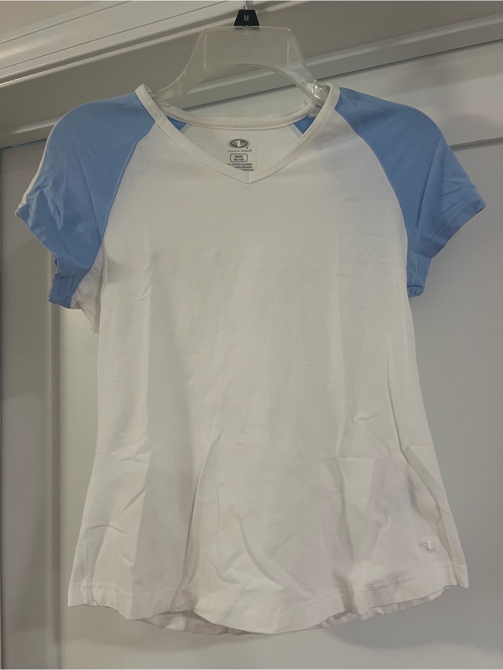 Athletic Works White V-Neck Tee with Light Blue Raglan Sleeves